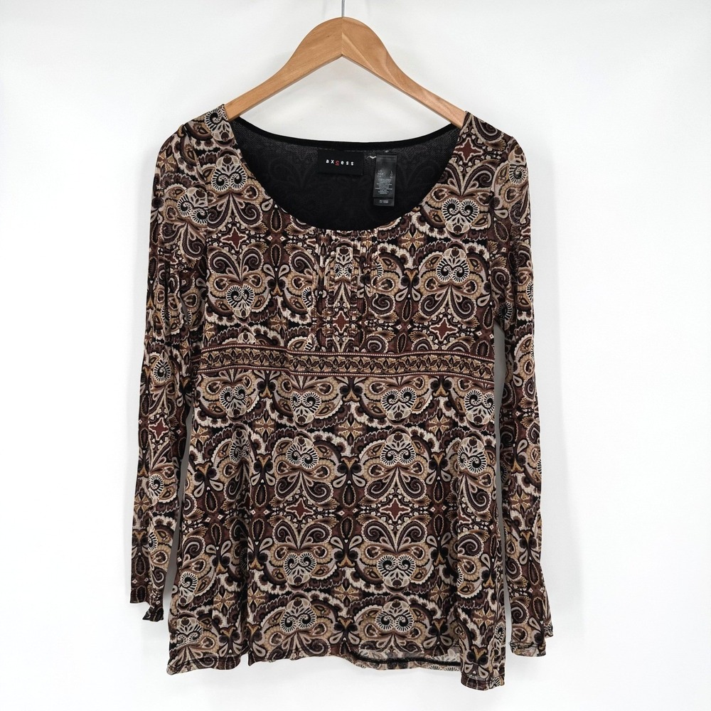 Axcess Y2K Brown Paisley Long‎ Sheer Sleeve Blouse Top Women's Sz L